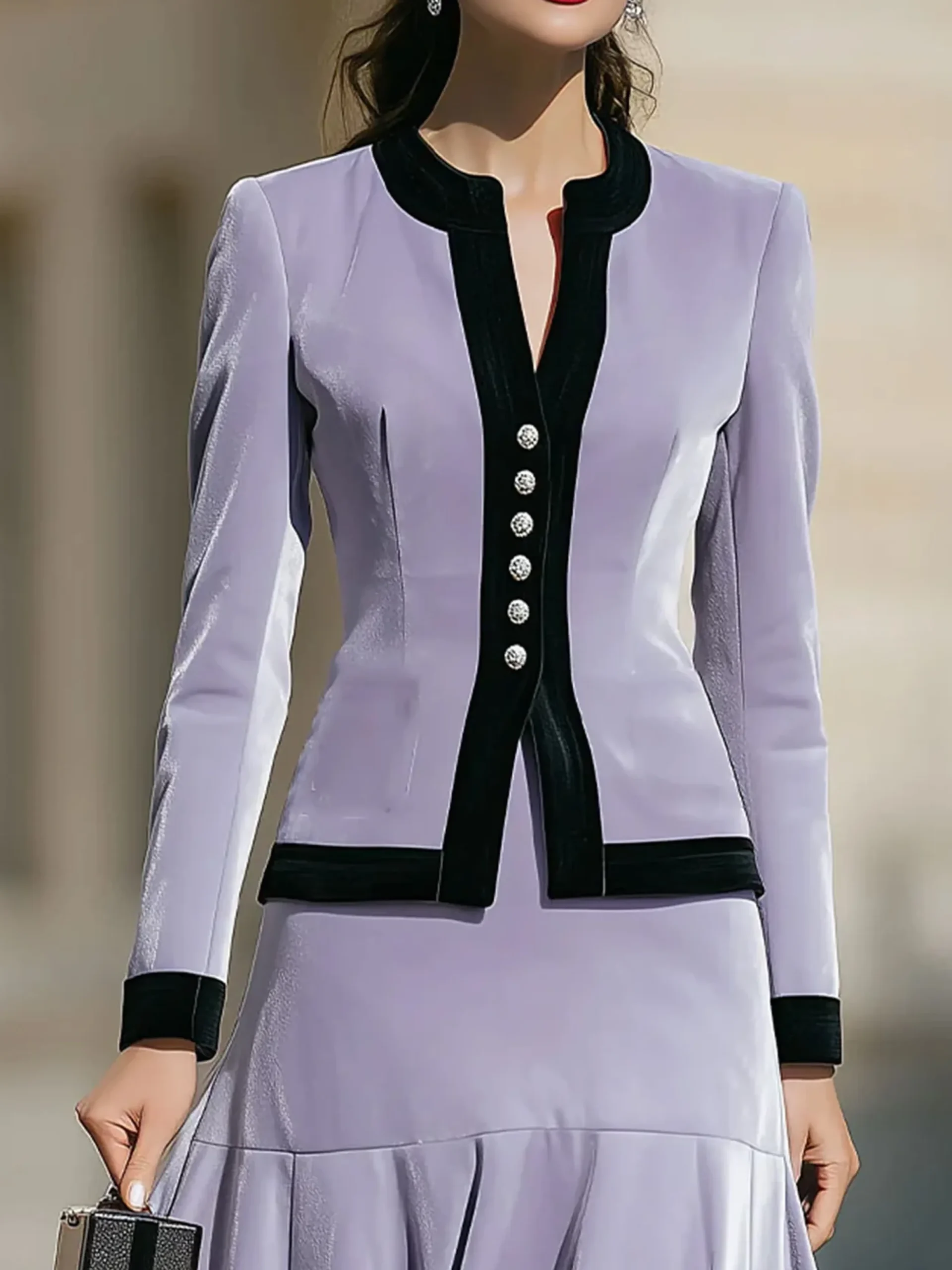Urban Velvet Buttoned Color Block Crew Neck Jacket