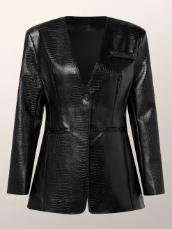 Urban V Neck Faux Leather Coat With Pockets