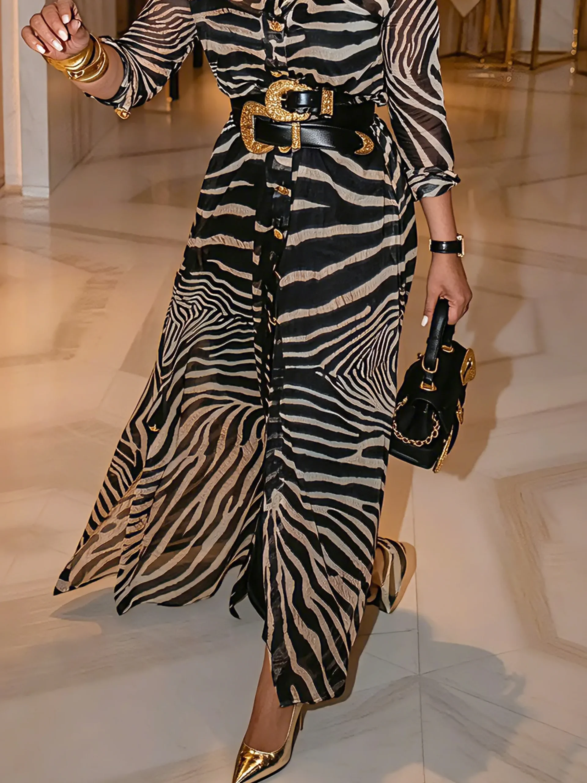 Urban Zebra Regular Sleeve Shirt Collar Maxi Dress No Belt