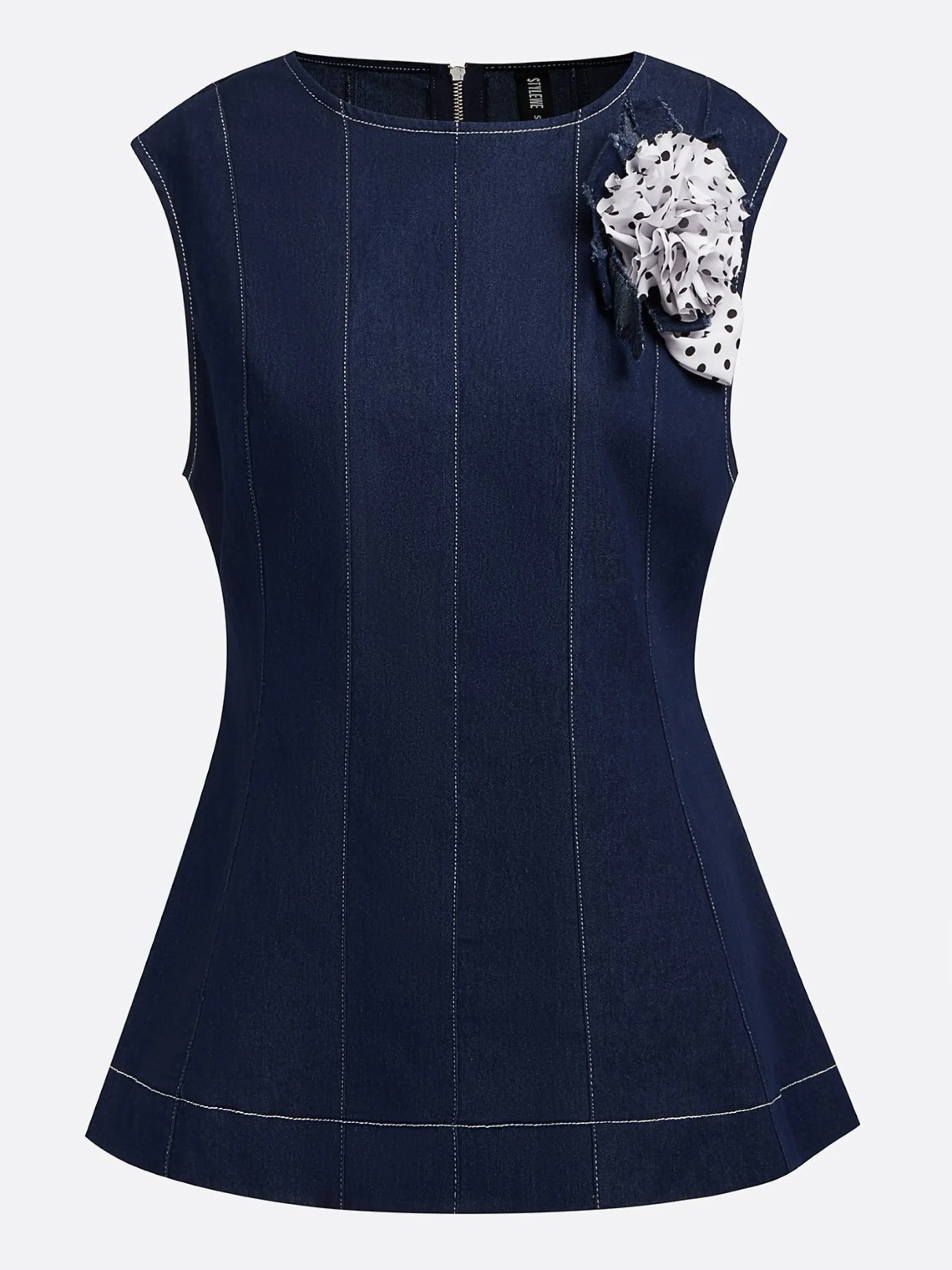 Urban Zipper Denim Sleeveless Top With Brooch