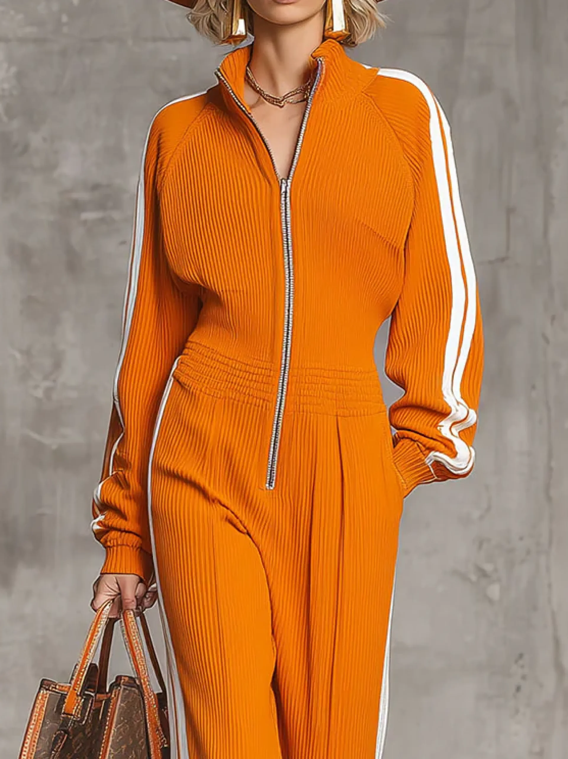 Urban Zipper Plain Stand Collar T-Shirt Jumpsuit