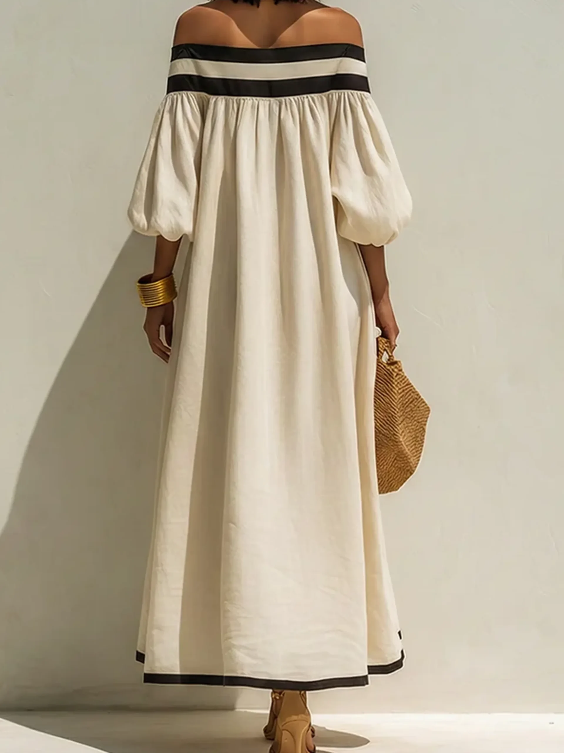 Vacation Color Block Cold Shoulder Cotton And Linen Maxi Dress