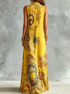 Vacation Ethnic Printing Shirt Collar Maxi Dress