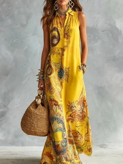 Vacation Ethnic Printing Shirt Collar Maxi Dress
