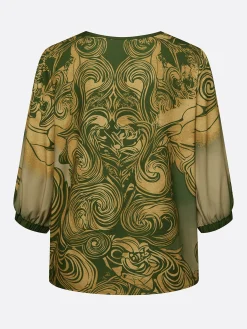 Vacation Ethnic Printing V Neck Puff Sleeve Blouse