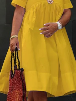 Vacation Floral Brooch Loose Plain Midi Dress