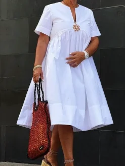Vacation Floral Brooch Loose Plain Midi Dress