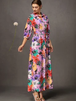 Vacation Floral Button-Front Belted Shirt Dress with Pocket