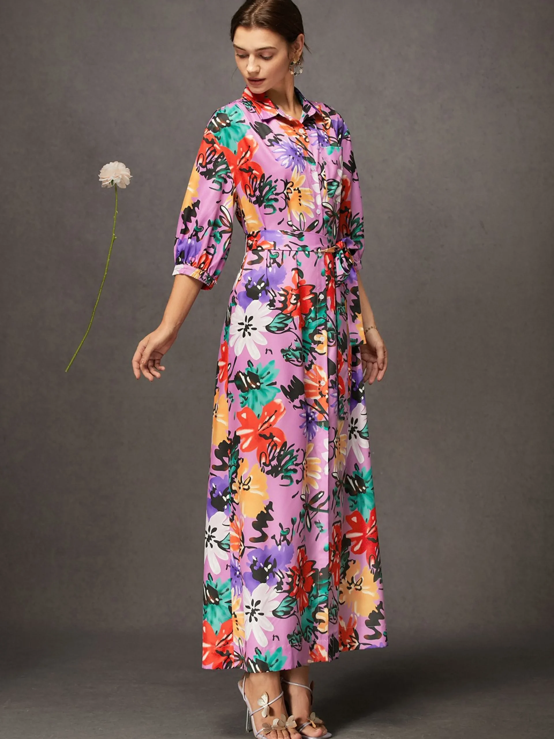 Vacation Floral Button-Front Belted Shirt Dress with Pocket