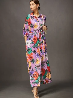 Vacation Floral Button-Front Belted Shirt Dress with Pocket