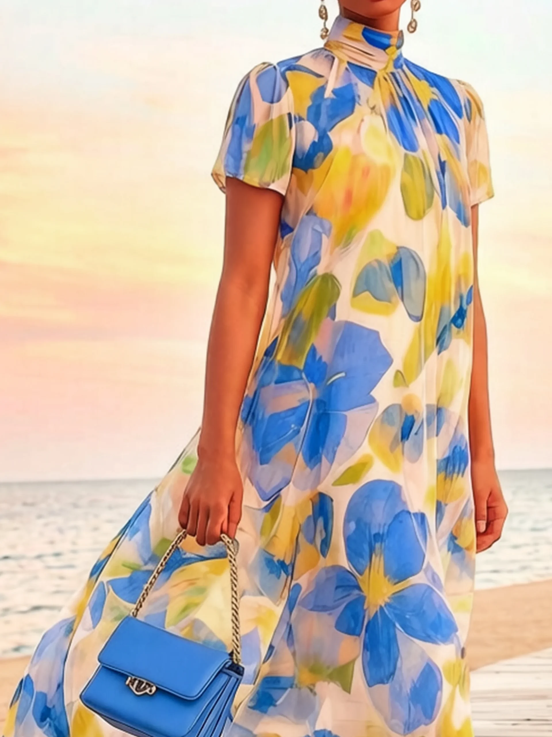 Vacation Floral Printing Mock Neck Maxi Dress