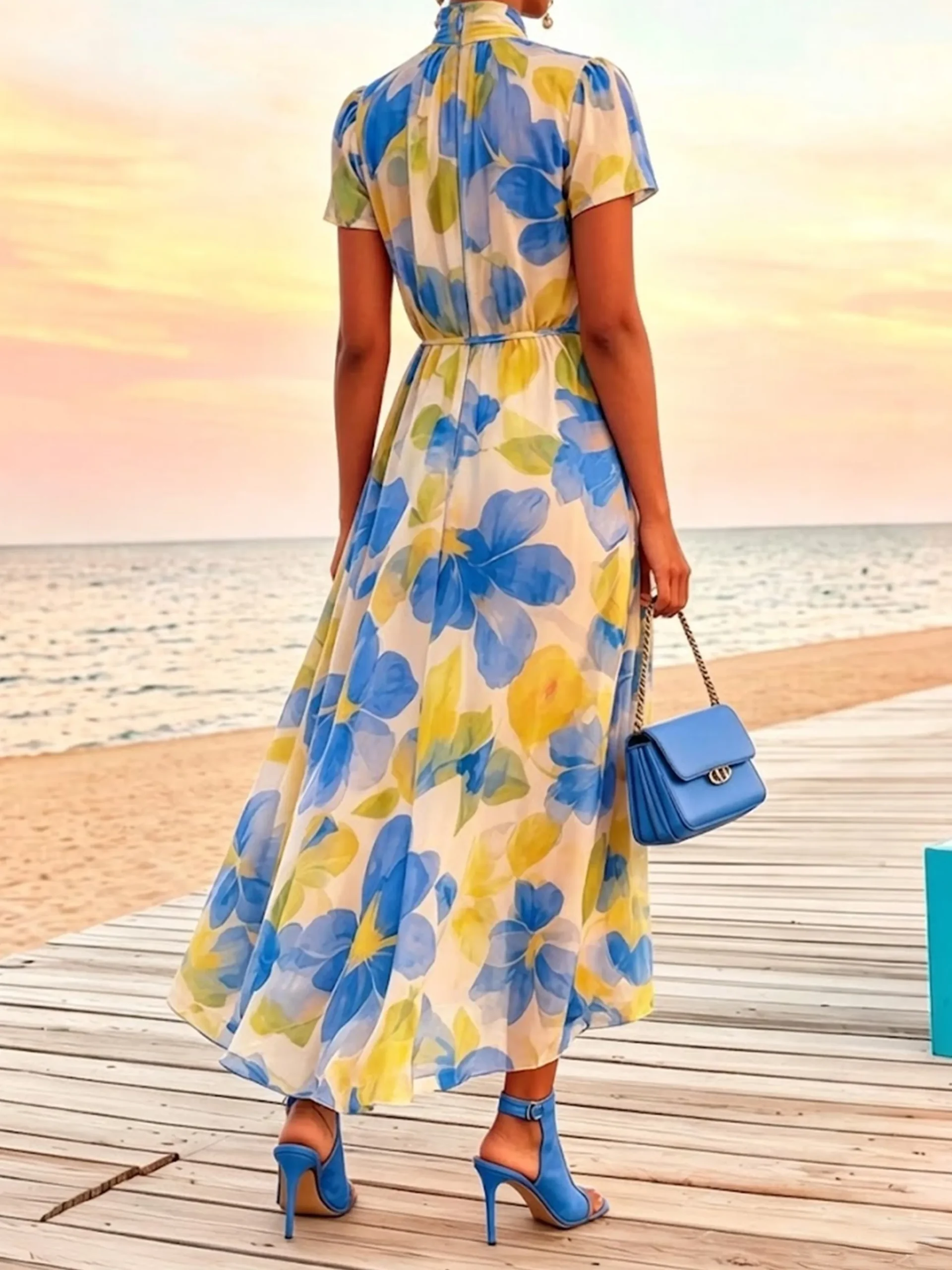Vacation Floral Printing Mock Neck Maxi Dress