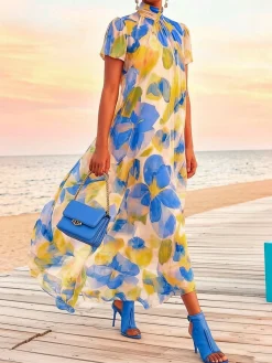Vacation Floral Printing Mock Neck Maxi Dress