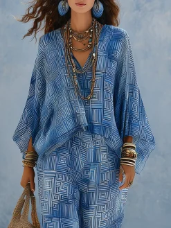 Vacation Geometric Printing V Neck Blouse