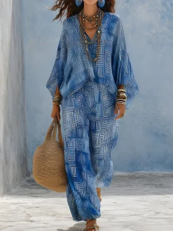 Vacation Geometric Printing V Neck Blouse
