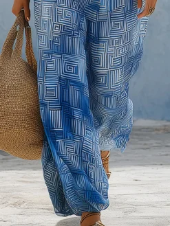 Vacation Geometric Printing Wide Leg Pants