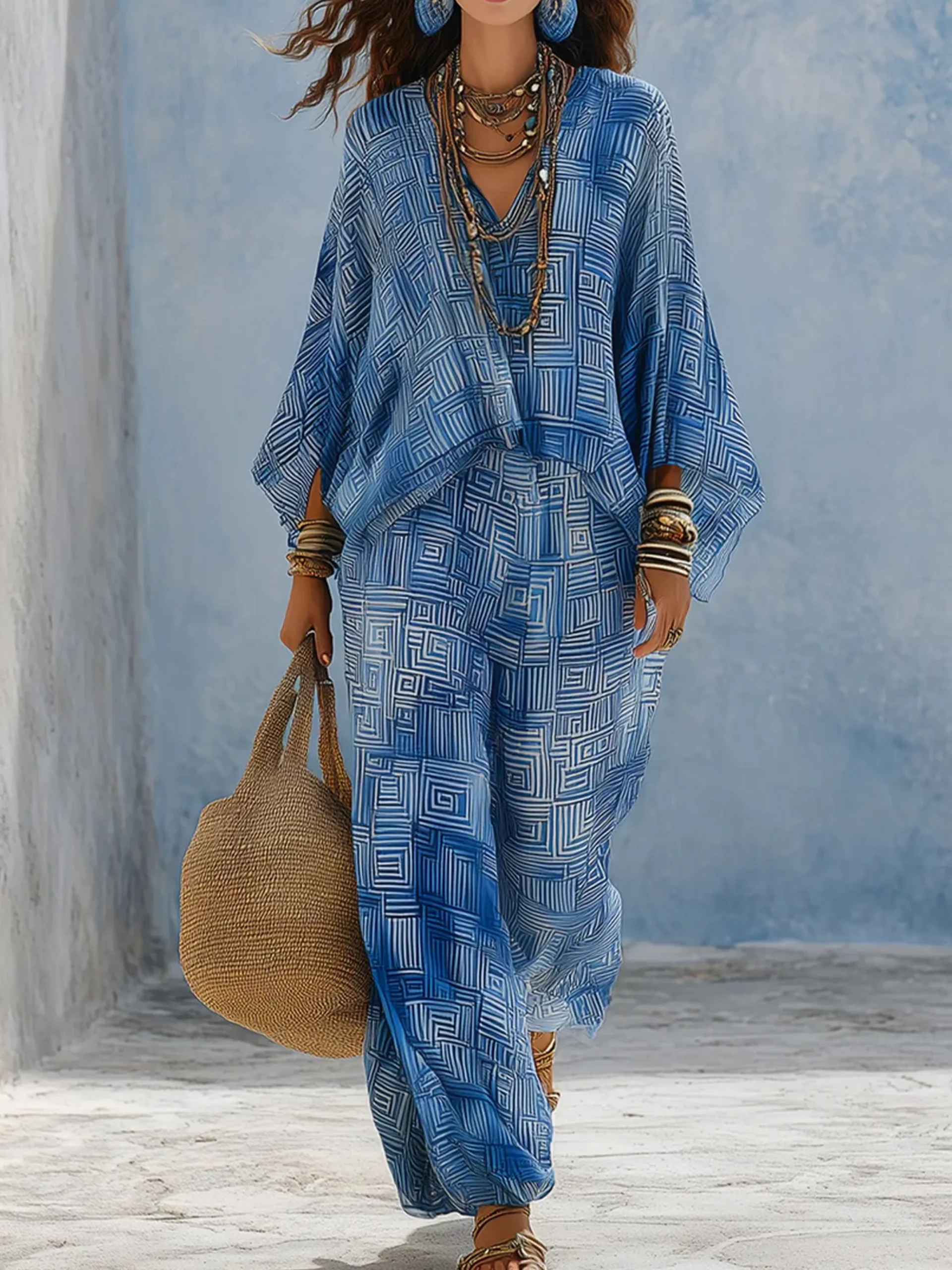 Vacation Geometric Printing Wide Leg Pants