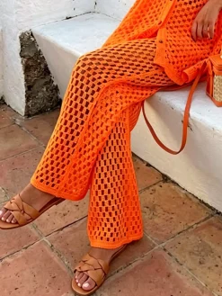 Vacation Plain Hollow Out Straight Sweater Pants
