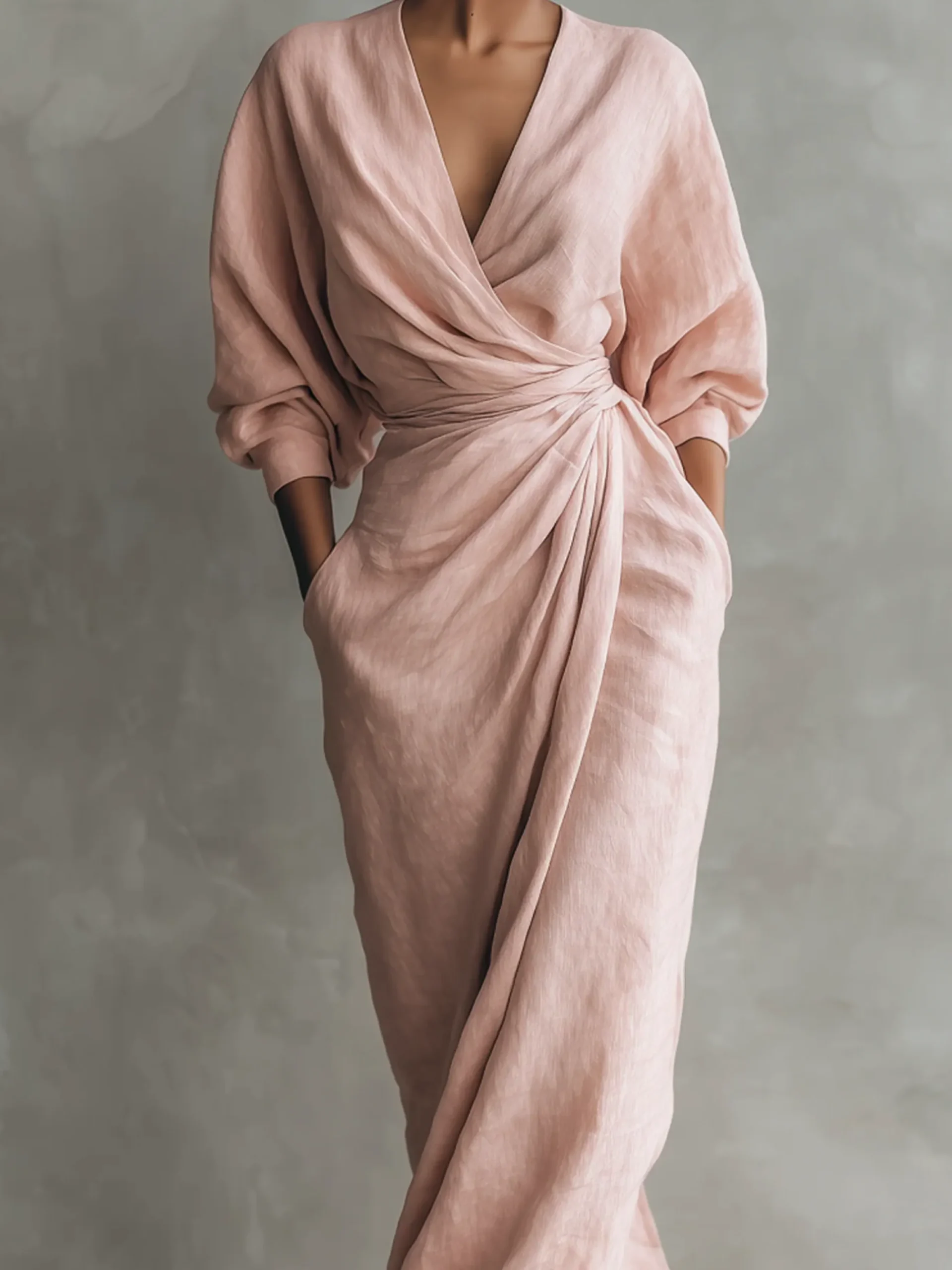Vacation Plain V Neck Maxi Dress Belt