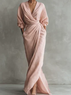 Vacation Plain V Neck Maxi Dress Belt