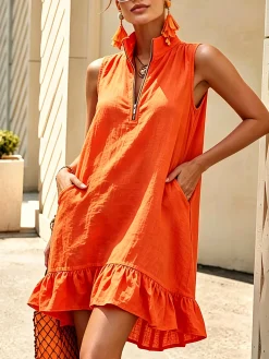 Vacation Plain Zipper Mock Neck Mini Dress