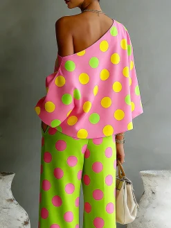 Vacation Polka Dots Printing Asymmetrical Blouse