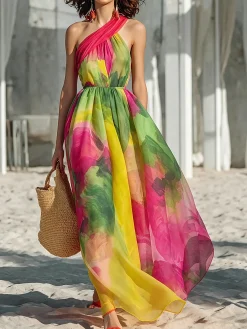 Vacation Random Print Printing Asymmetrical Maxi Dress