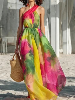 Vacation Random Print Printing Asymmetrical Maxi Dress
