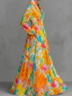 Vacation Random Print Printing Stand Collar Maxi Dress