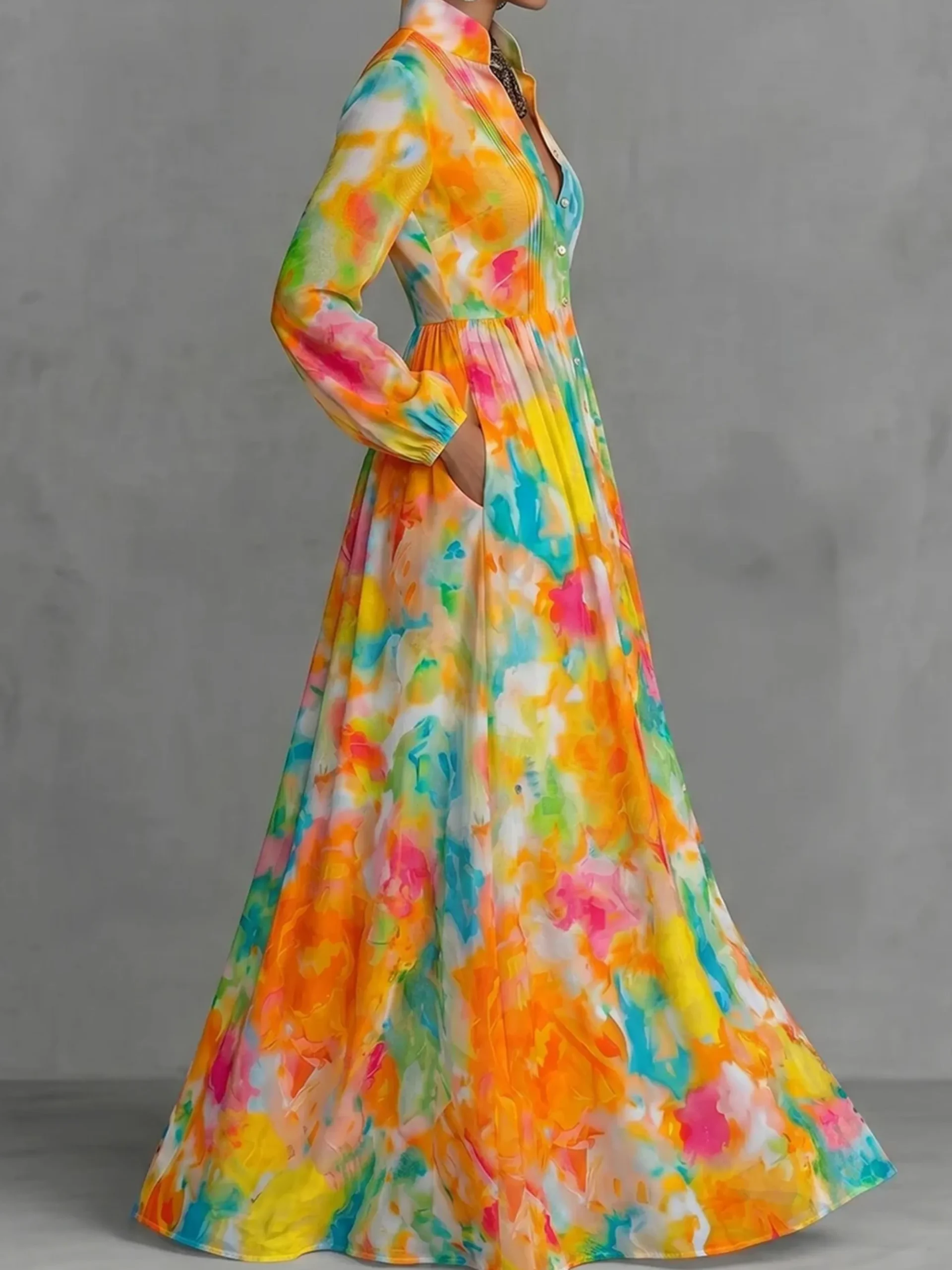 Vacation Random Print Printing Stand Collar Maxi Dress
