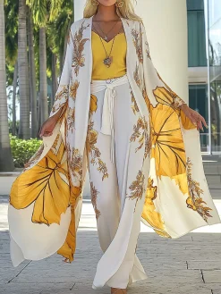 Vacation Split Sleeve Printing Floral Kimono