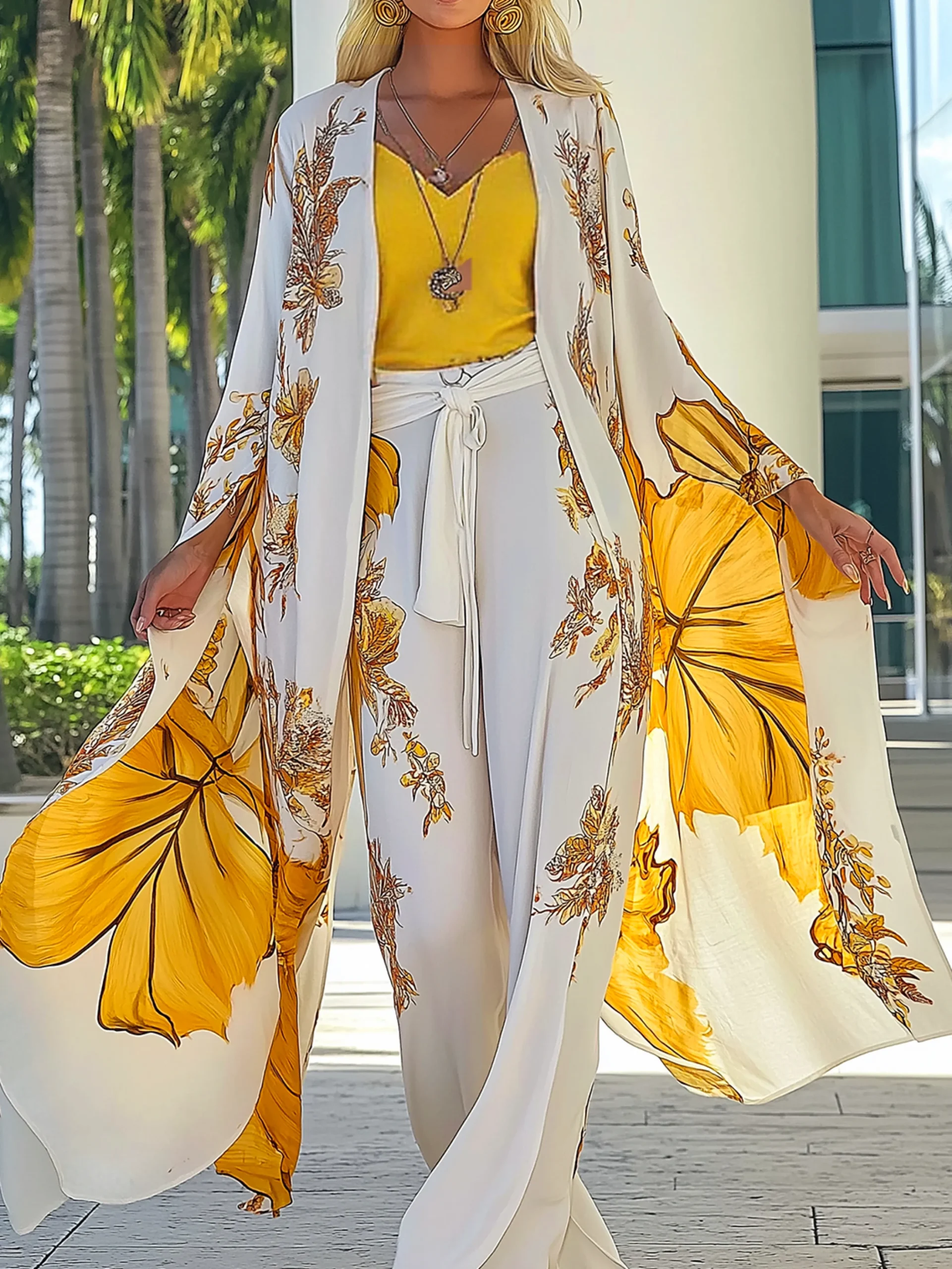 Vacation Split Sleeve Printing Floral Kimono