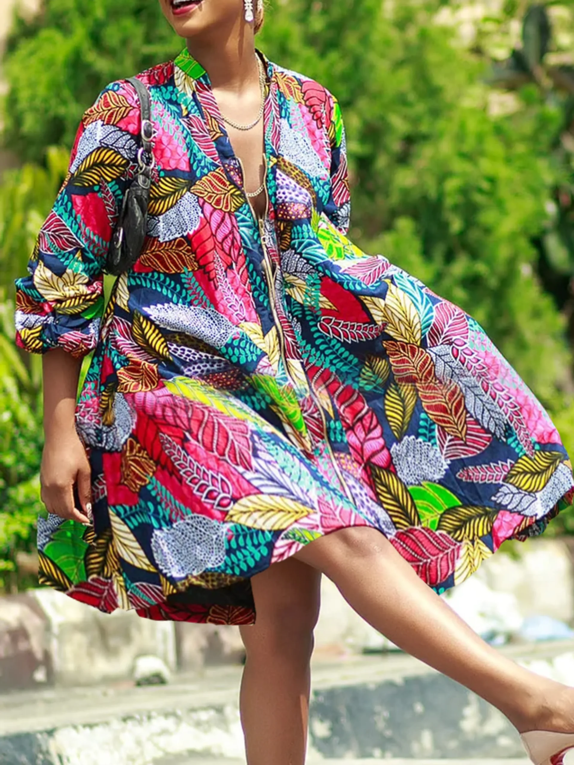 Vacation Tropical Printing V Neck Knee Length Dress