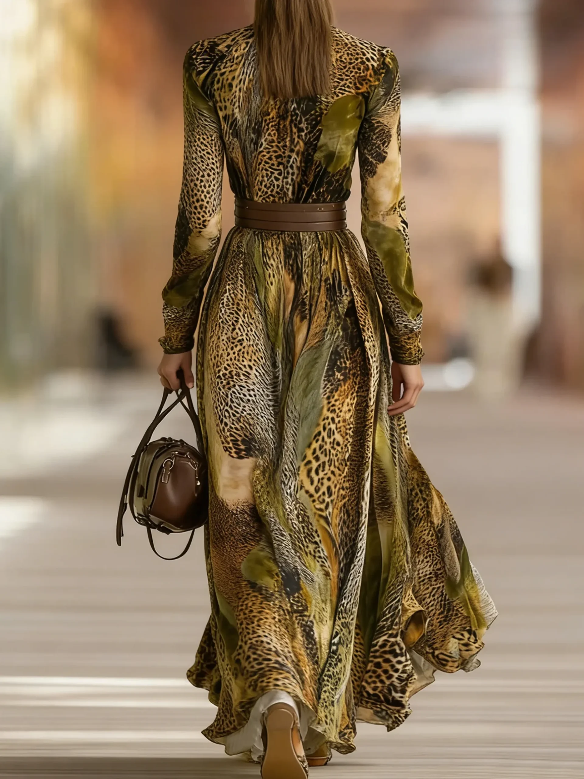 Women Elegant High Waist X-Line Maxi DressWith Belt Mock Neck Spring Occasion