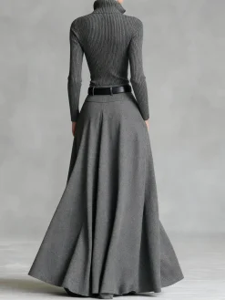 Women Urban High Waist A-Line Maxi Skirt Zipper Plain Maxi Skirt With Belt Social Spring