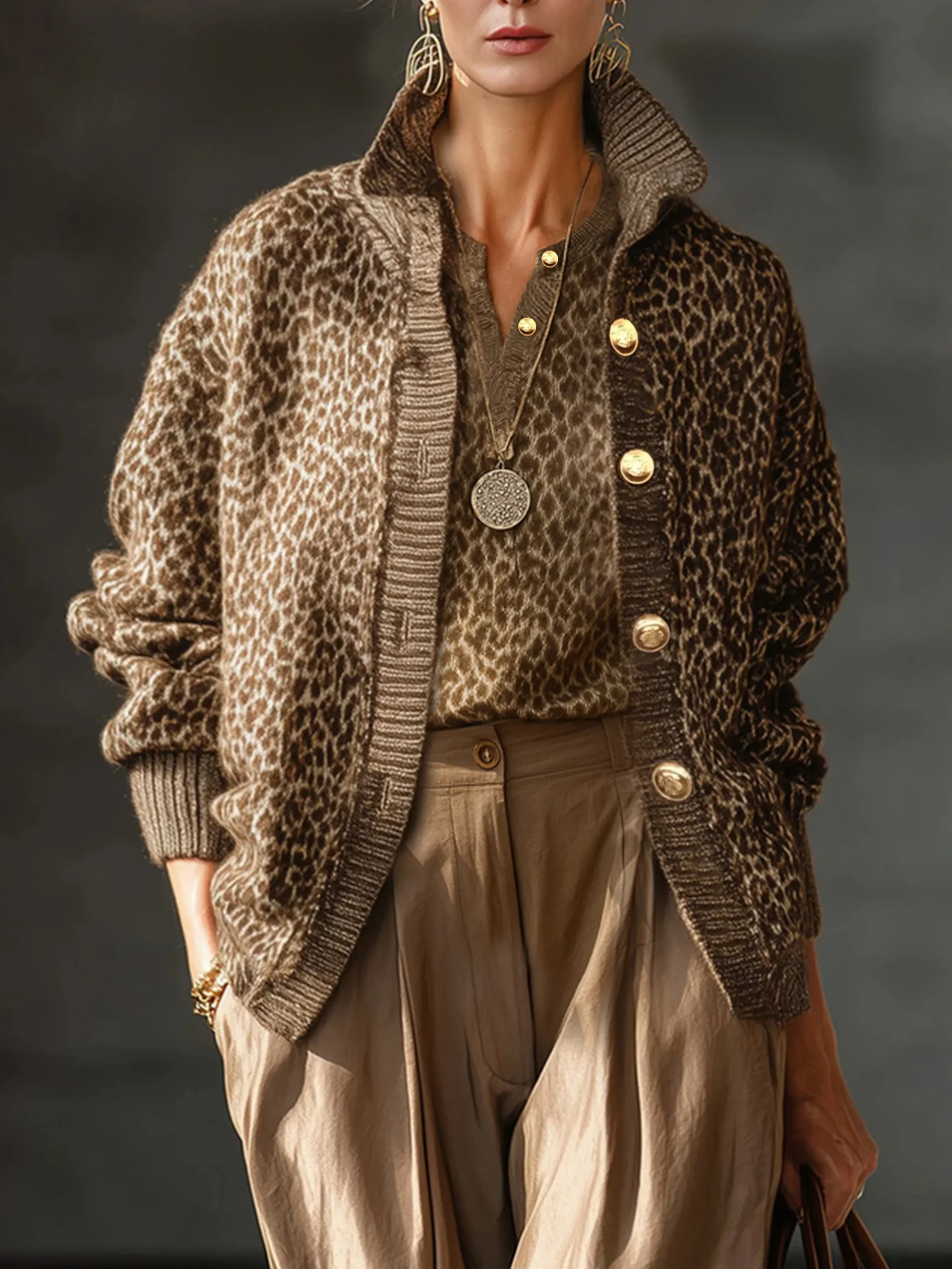 Yarn/Wool Yarn Urban Leopard Buttoned Cardigan
